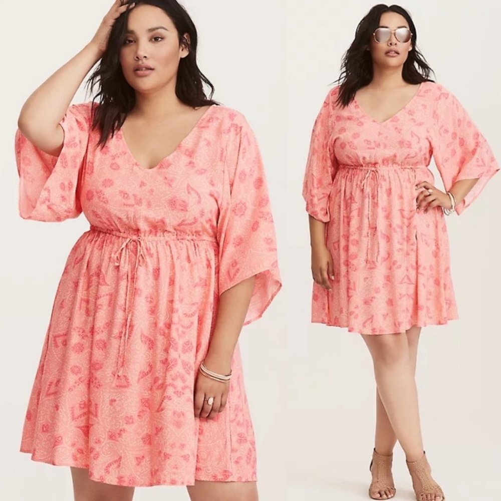Torrid Coral Floral Print Challis Lattice Back Dress Size 1X Adjustable Tiered